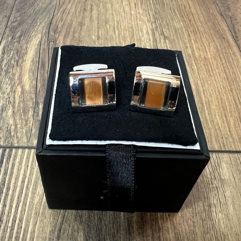 Vintage Egara Cuff Links Silver Light Brown Stone Signed NWT Men's Classic